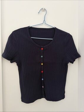 Women's Navy Ribbed Short Sleeve Rainbow Button Top